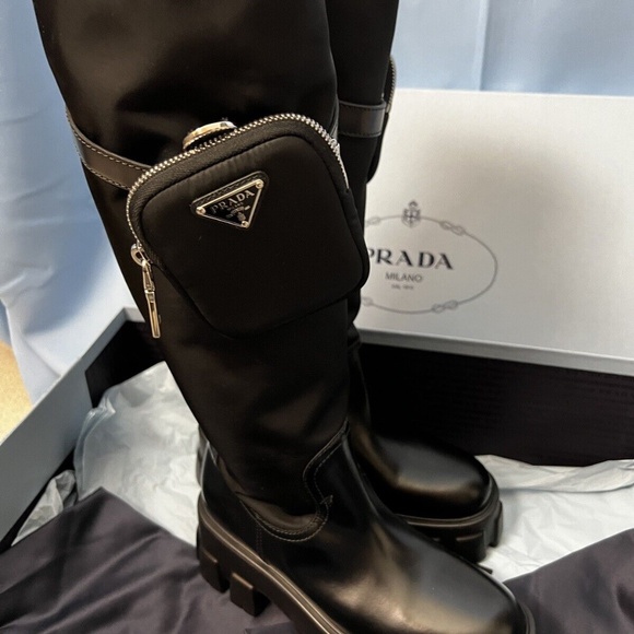 Prada Monolith Nylon Zip-Pocket Platform Riding Boots - Picture 8 of 11